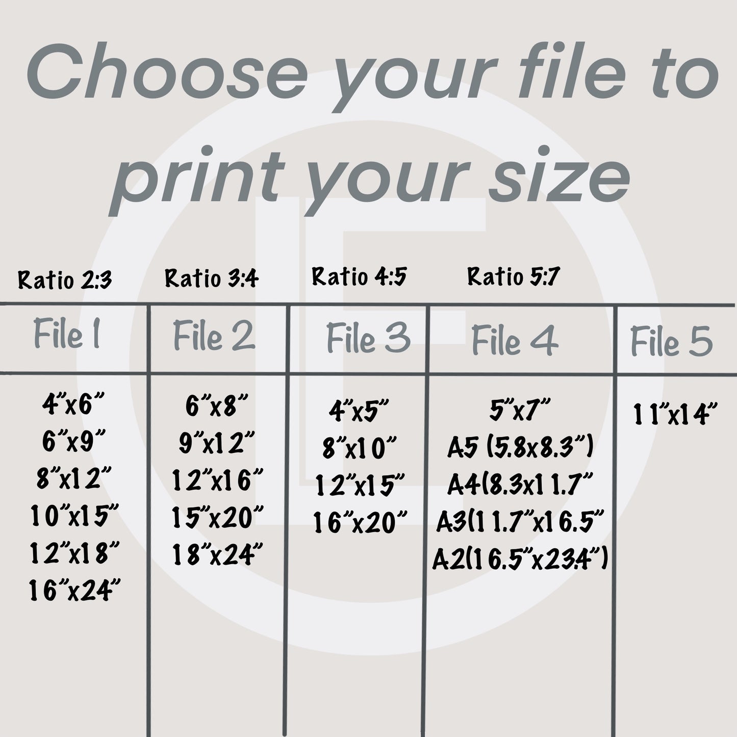 digital download option sizing