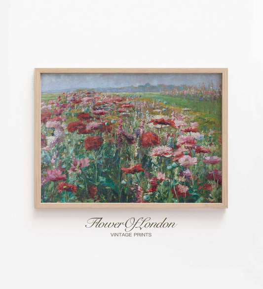Blossoming Poppies Flowers Print, Vintage Spring Meadow Wildflowers Field, #32