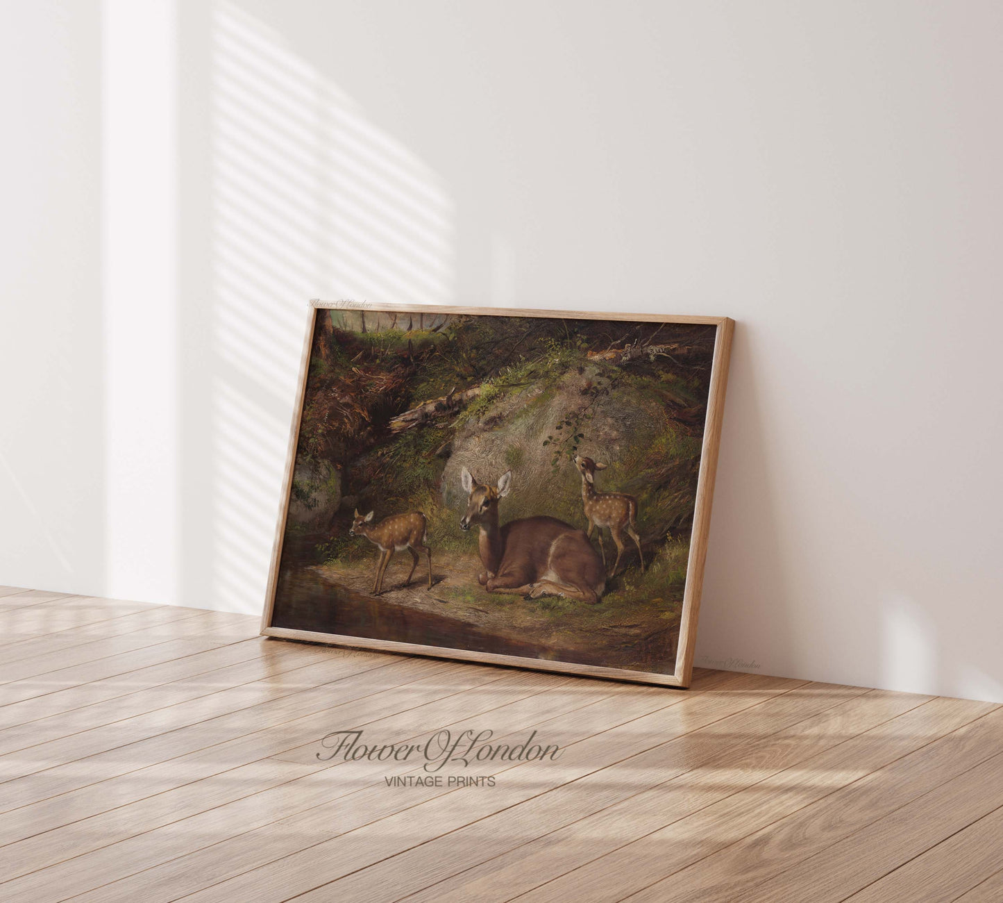 a painting of deer in a wooded area