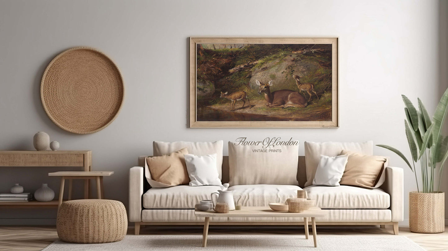 a living room filled with furniture and a painting on the wall