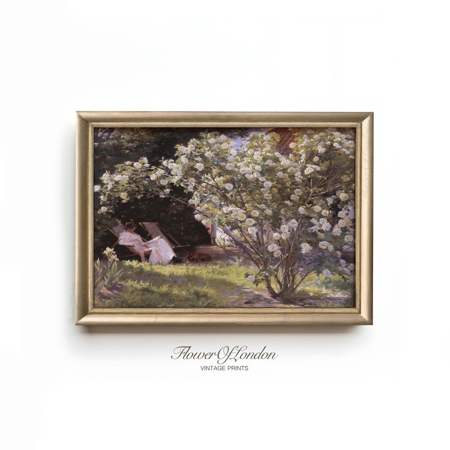Blossoming Rose Garden Print, Vintage Spring Blooming Garden Oil Painting, #57