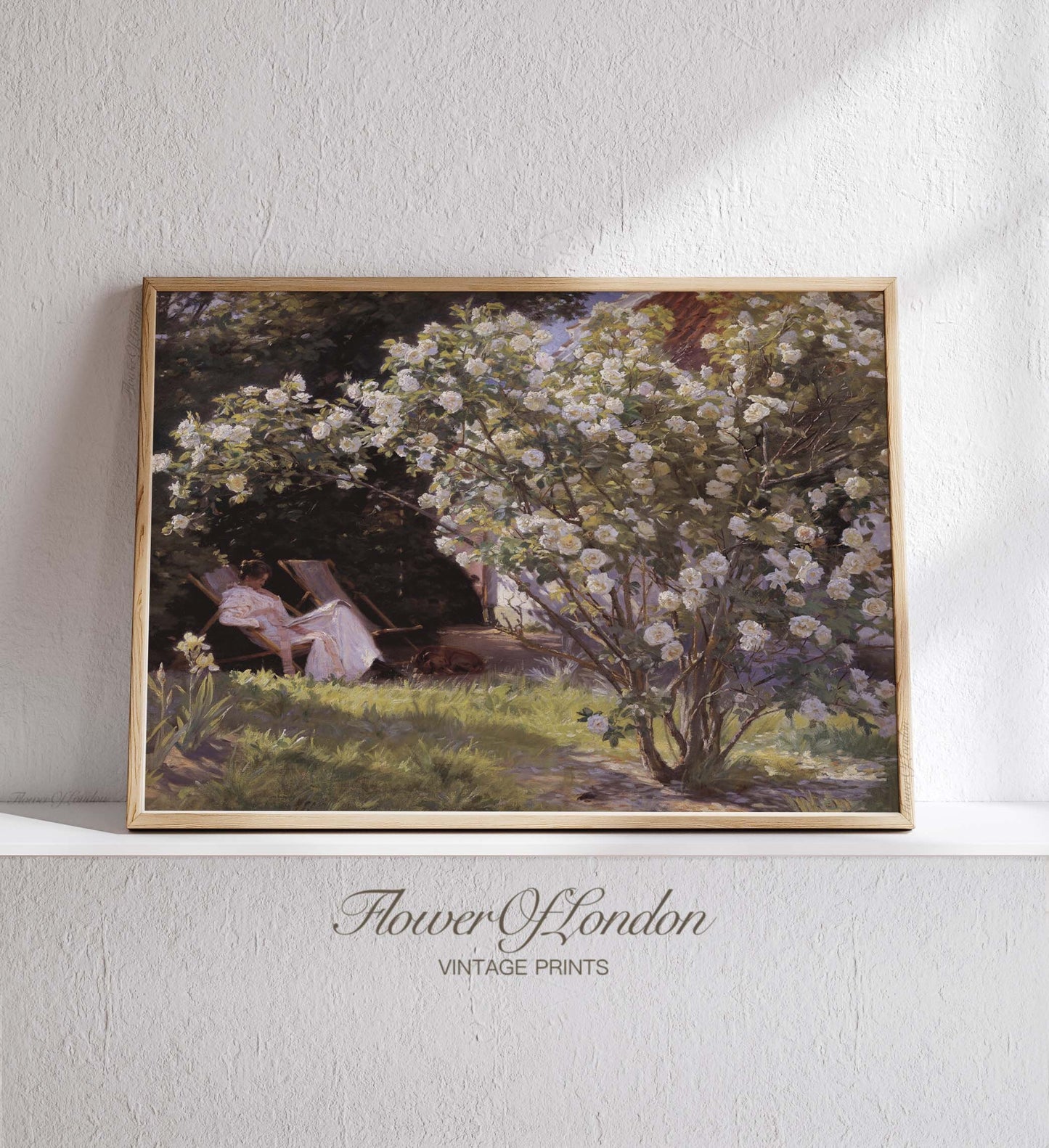 Blossoming Rose Garden Print, Vintage Spring Blooming Garden Oil Painting, #57