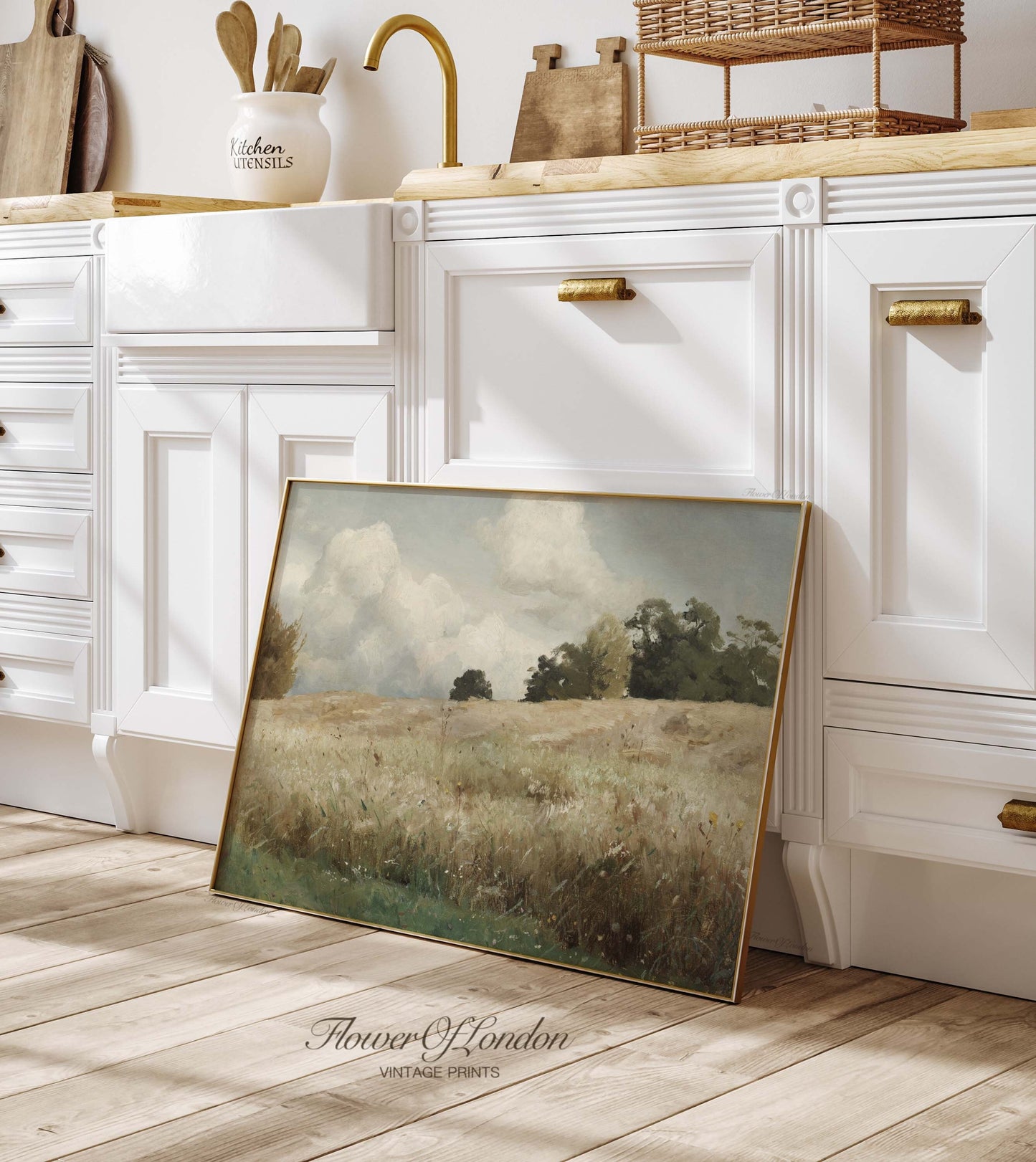 Wheat Field Print, Vintage Neutral Corn Field Summer Harvest Landscape, #63