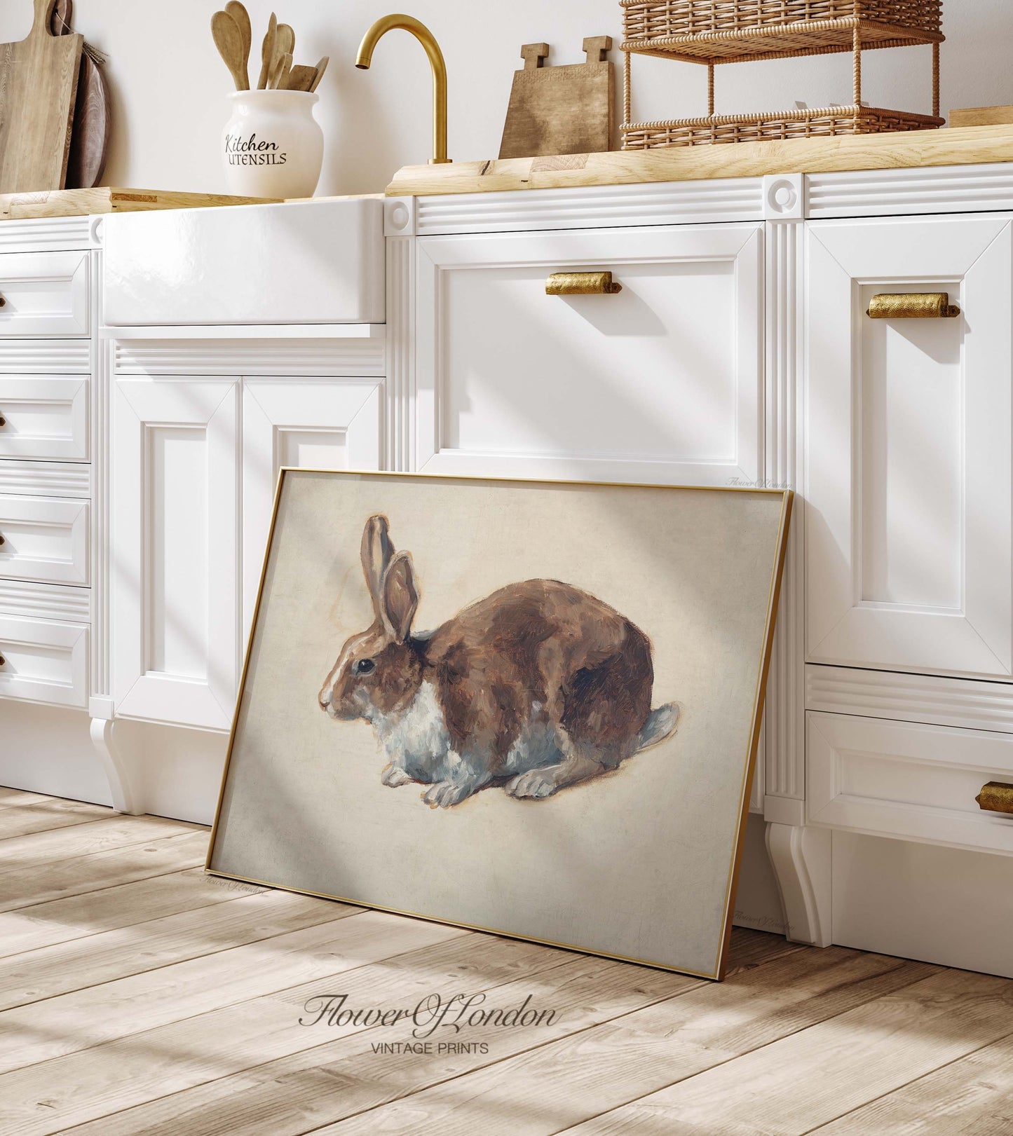a painting of a rabbit in a kitchen