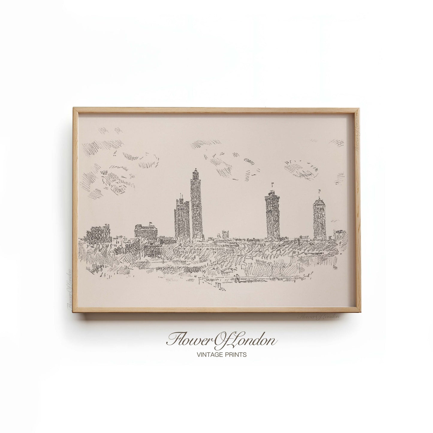 a drawing of a city in a wooden frame