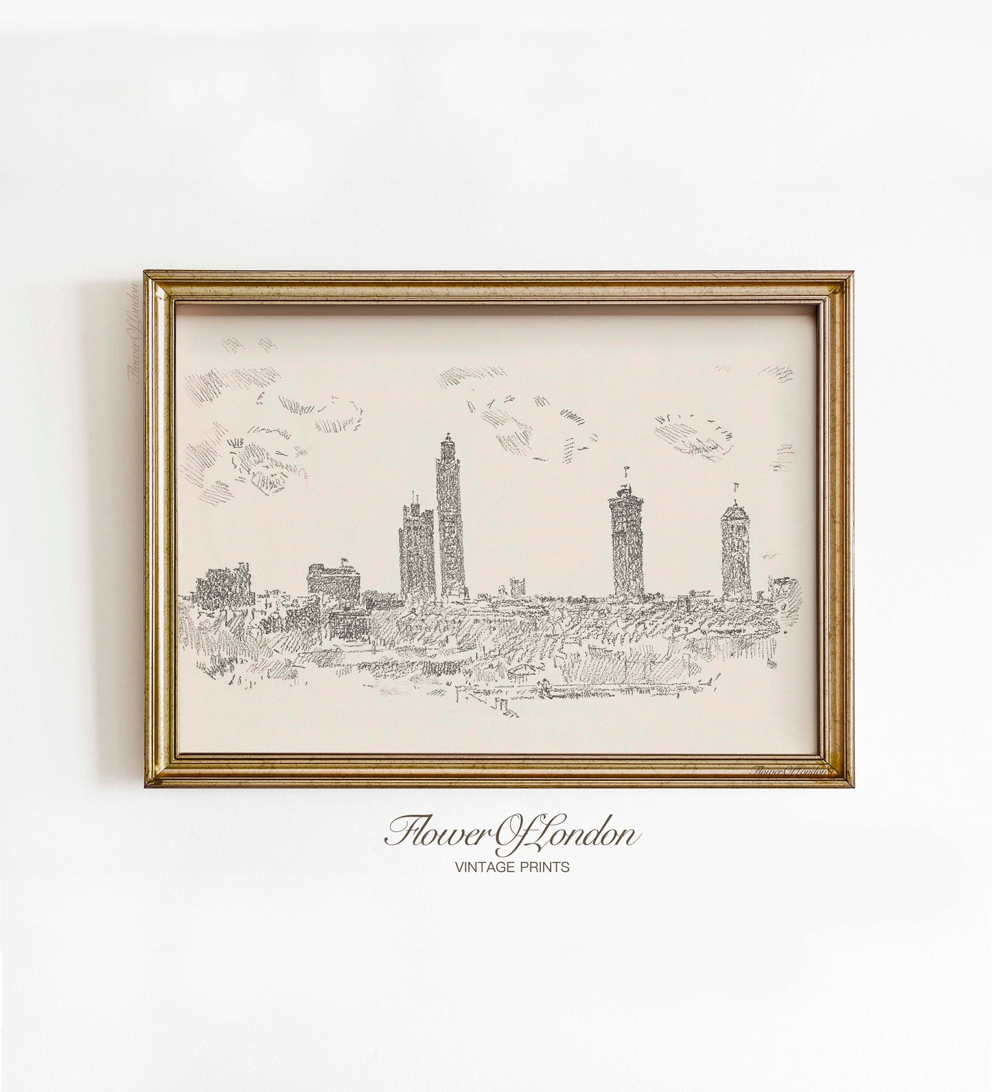 a drawing of a city is hanging on a wall