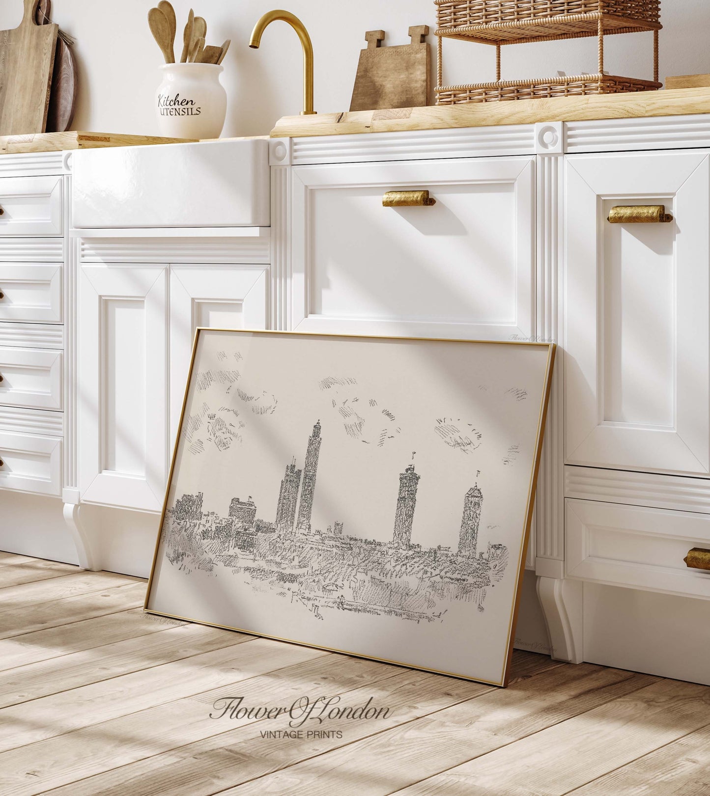 a picture frame sitting on the floor in a kitchen