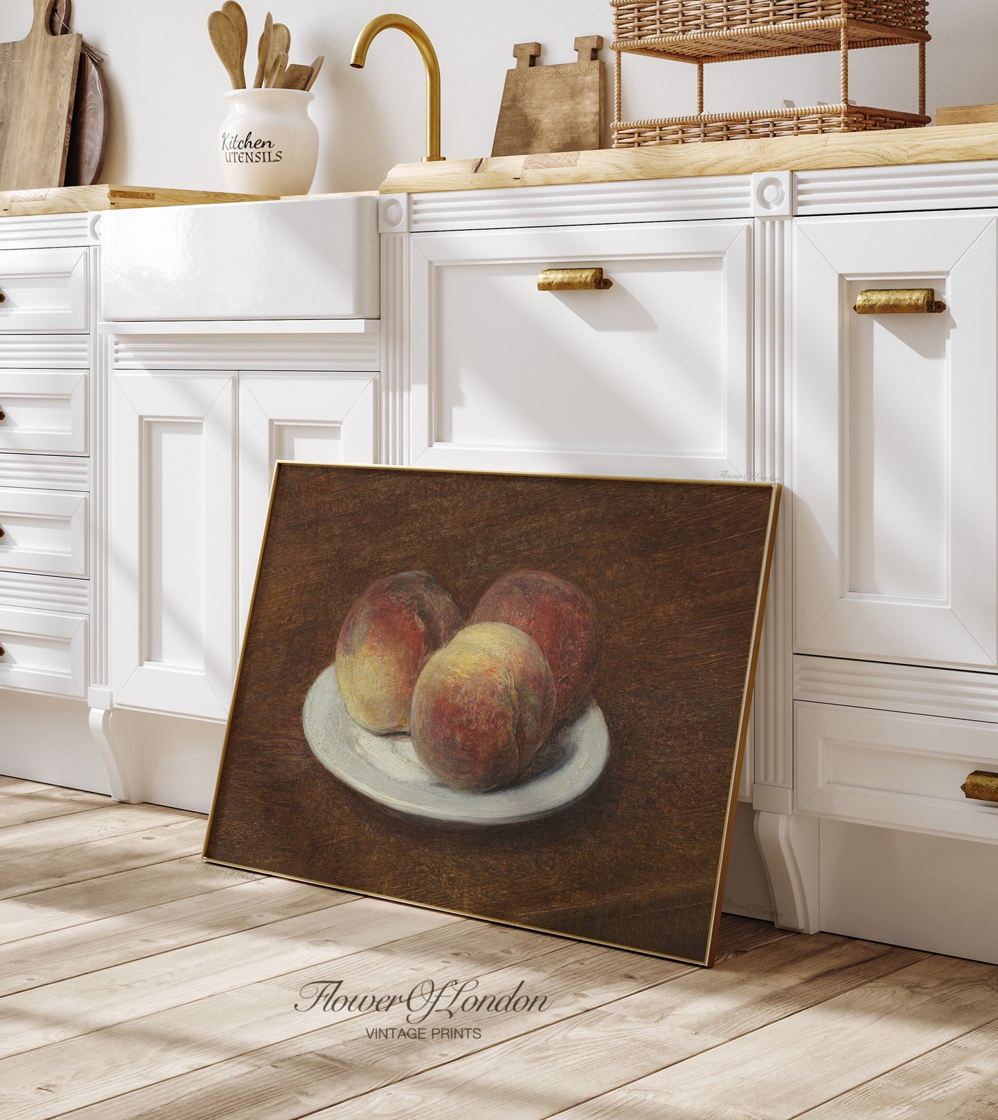 Vintage Peach Fruits Print, Antique Three Peaches Kitchen Rustic Still Life, #242