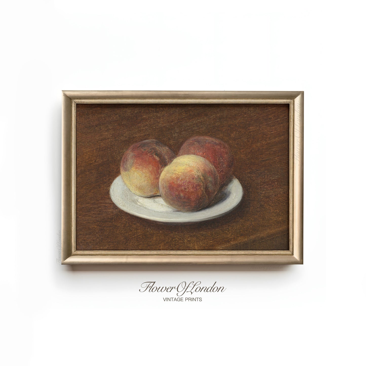 a painting of three peaches on a plate