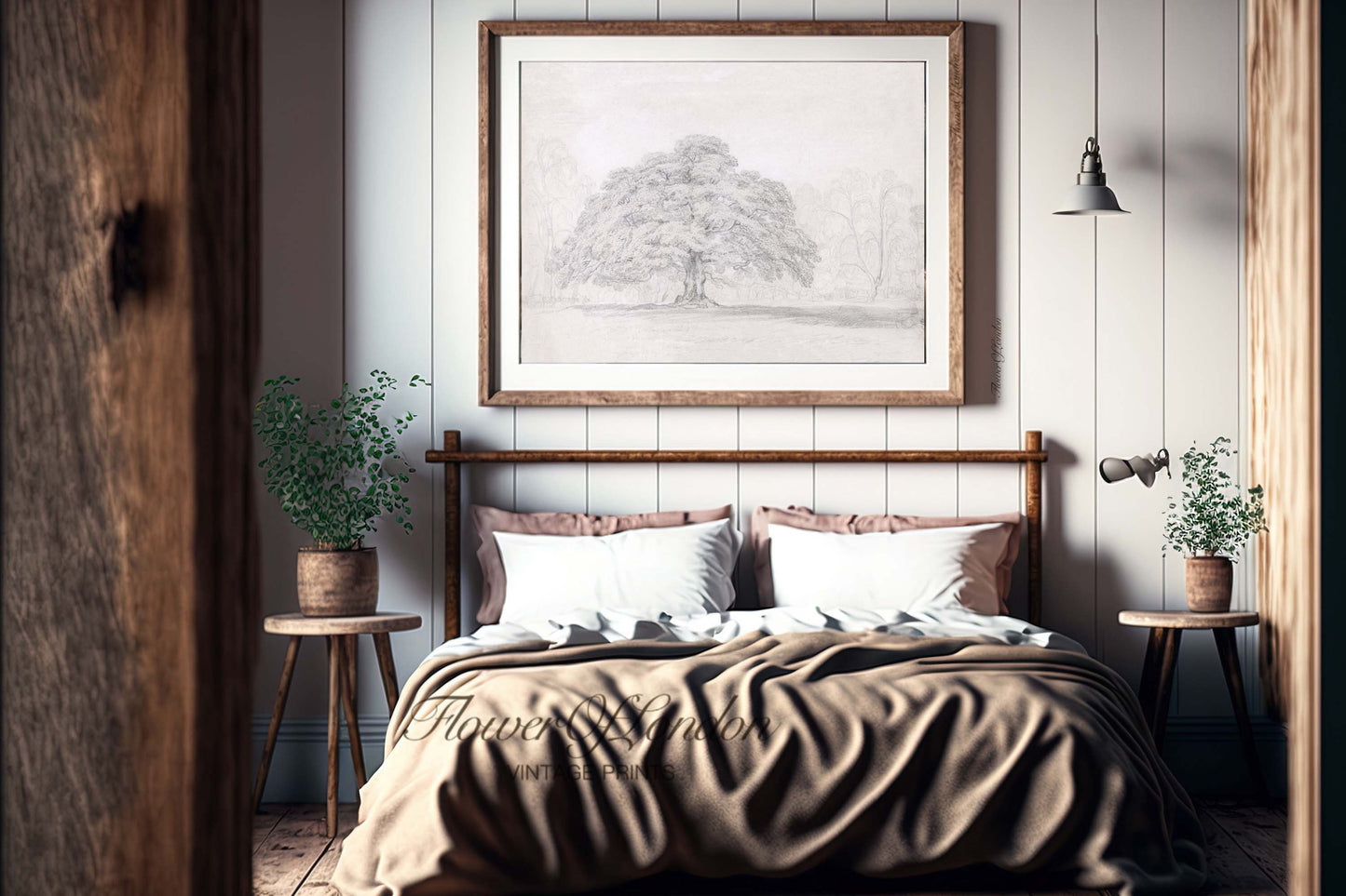 a bedroom with a picture hanging above the bed