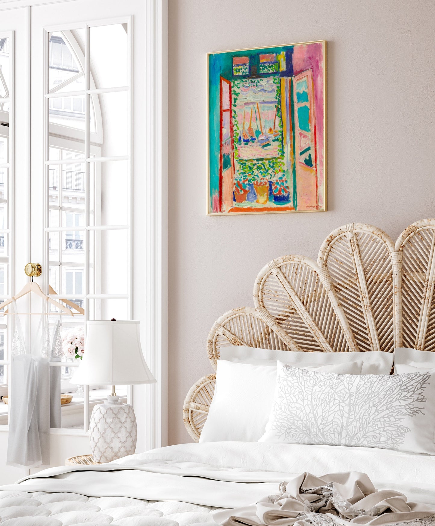 Vintage pink pastel Matisse Open Window Collioure print in a bedroom