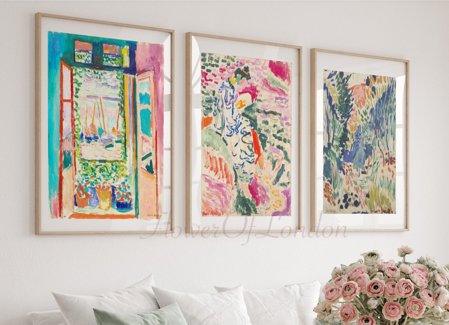 Matisse set of 3 prints: La Japonaise, Landscape at Collioure, and Window at Collioure in a living room settings. Prints available as printed or printable