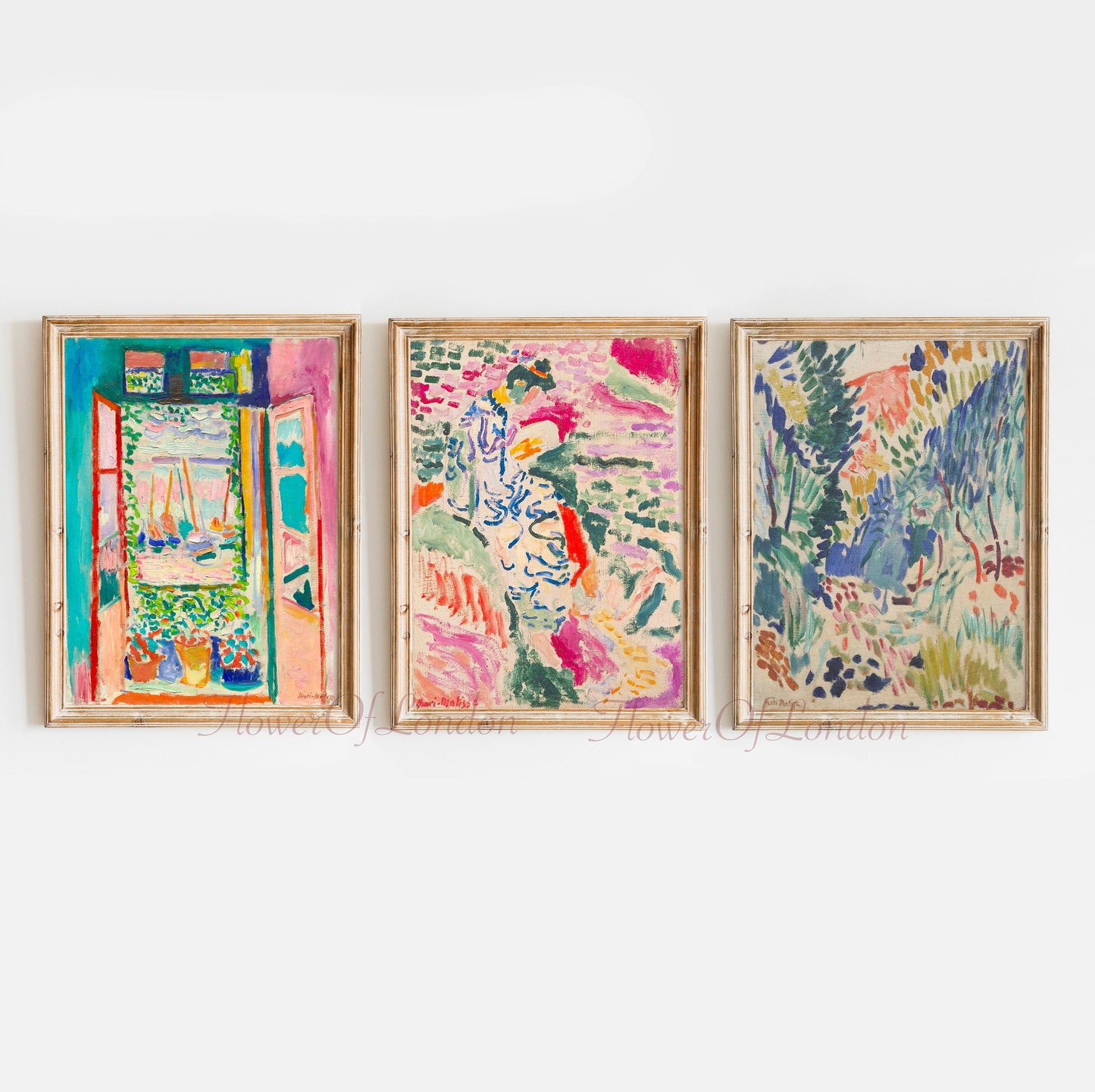 Matisse set of 3 prints: La Japonaise, Landscape at Collioure, and Open Window, Collioure – iconic Matisse works displayed on a wall