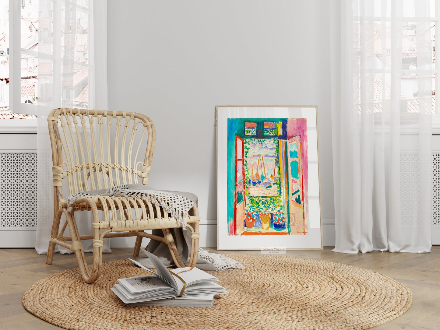 Henri Matisse Open Window Collioure art in soft pink hues in living room mockup
