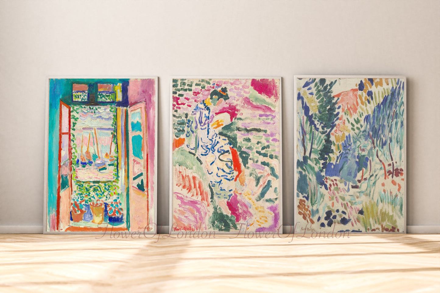 Matisse La Japonaise, Landscape at Collioure, and Open Window, Collioure prints – fine art for home decor displayed framed in a hallway