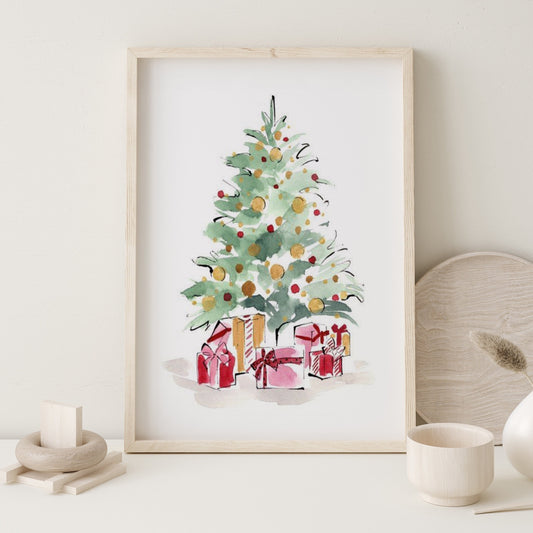 Watercolour Decorated Christmas Tree Print