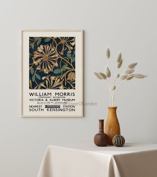 William Morris Exhibition Poster, Vintage Honeysuckle Fabric