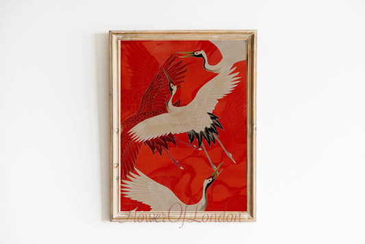 Red and White Japanese Cranes Print, Vintage Kimono Fabric