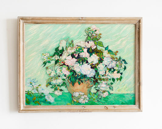 White Roses in a Vase Van Gogh Print (Green)