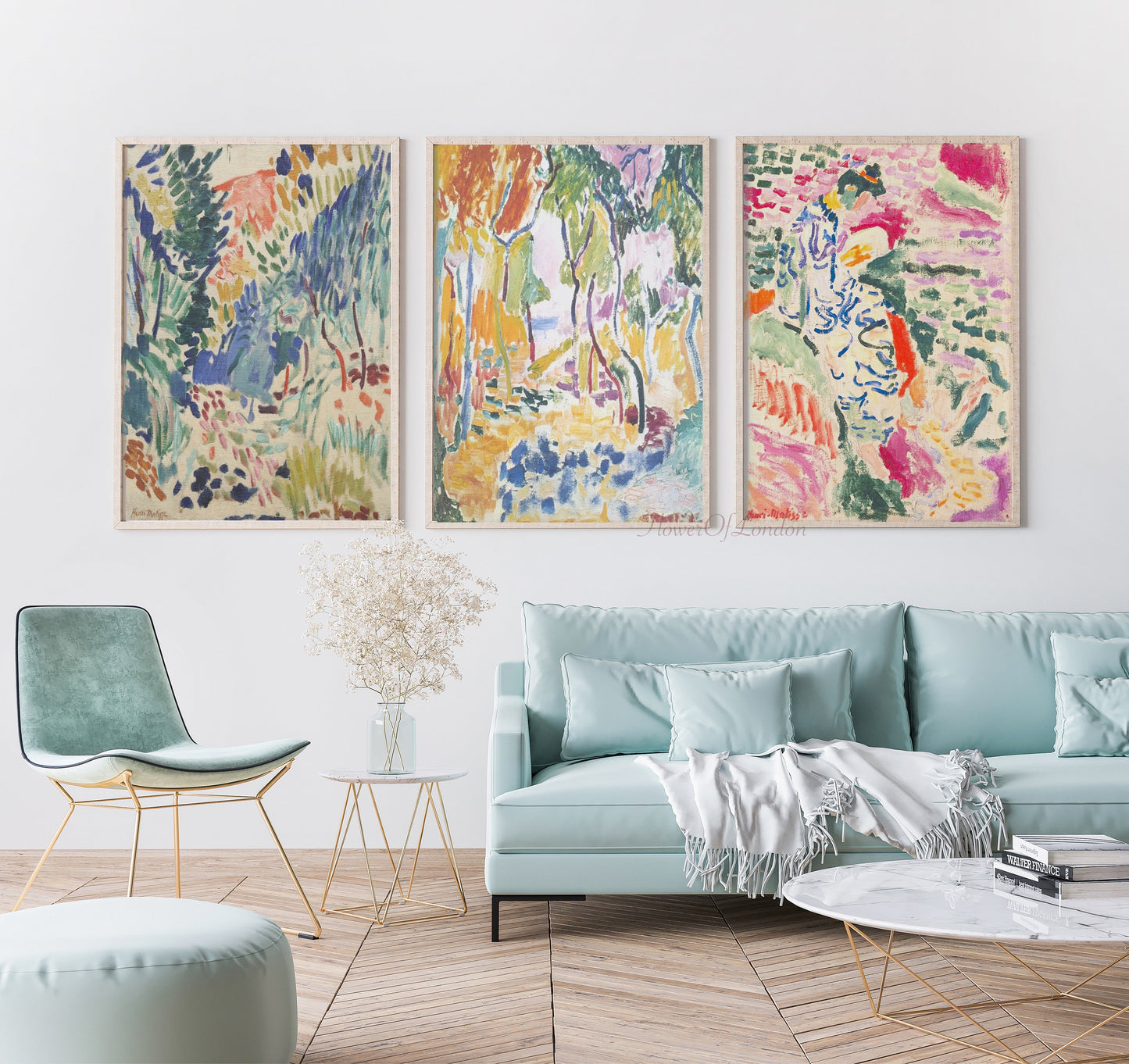 Matisse artwork set featuring Woman (La Japonaise), Landscape at Collioure, and Landscape Near Collioure in pastel shades in a living room settings