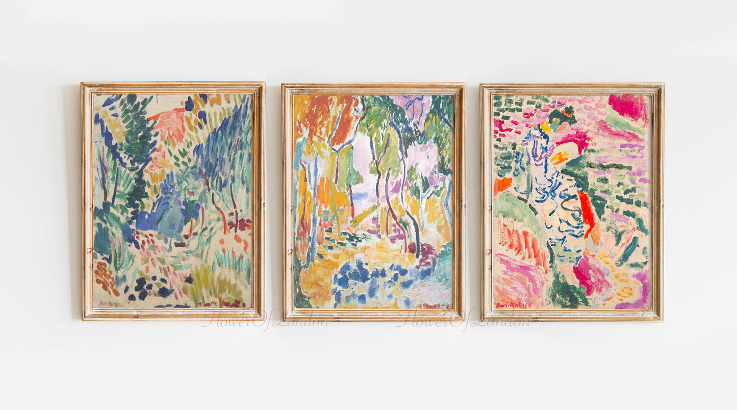 Henri Matisse Woman La Japonaise, Landscape at Collioure, and Landscape Near Collioure prints in pastel and bright colorful tones framed on a wall