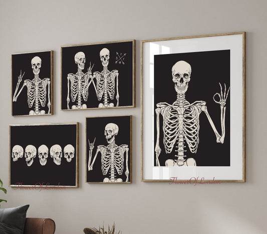 Set of 5 Halloween Funny Skeletons Prints #H14