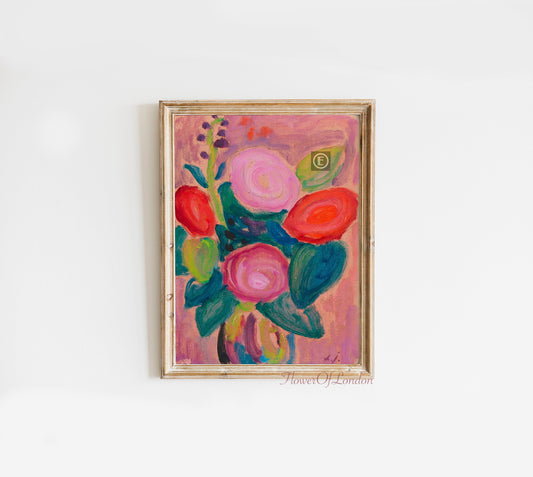 Pink Flowers in Vase Print, Vintage Still Life #4