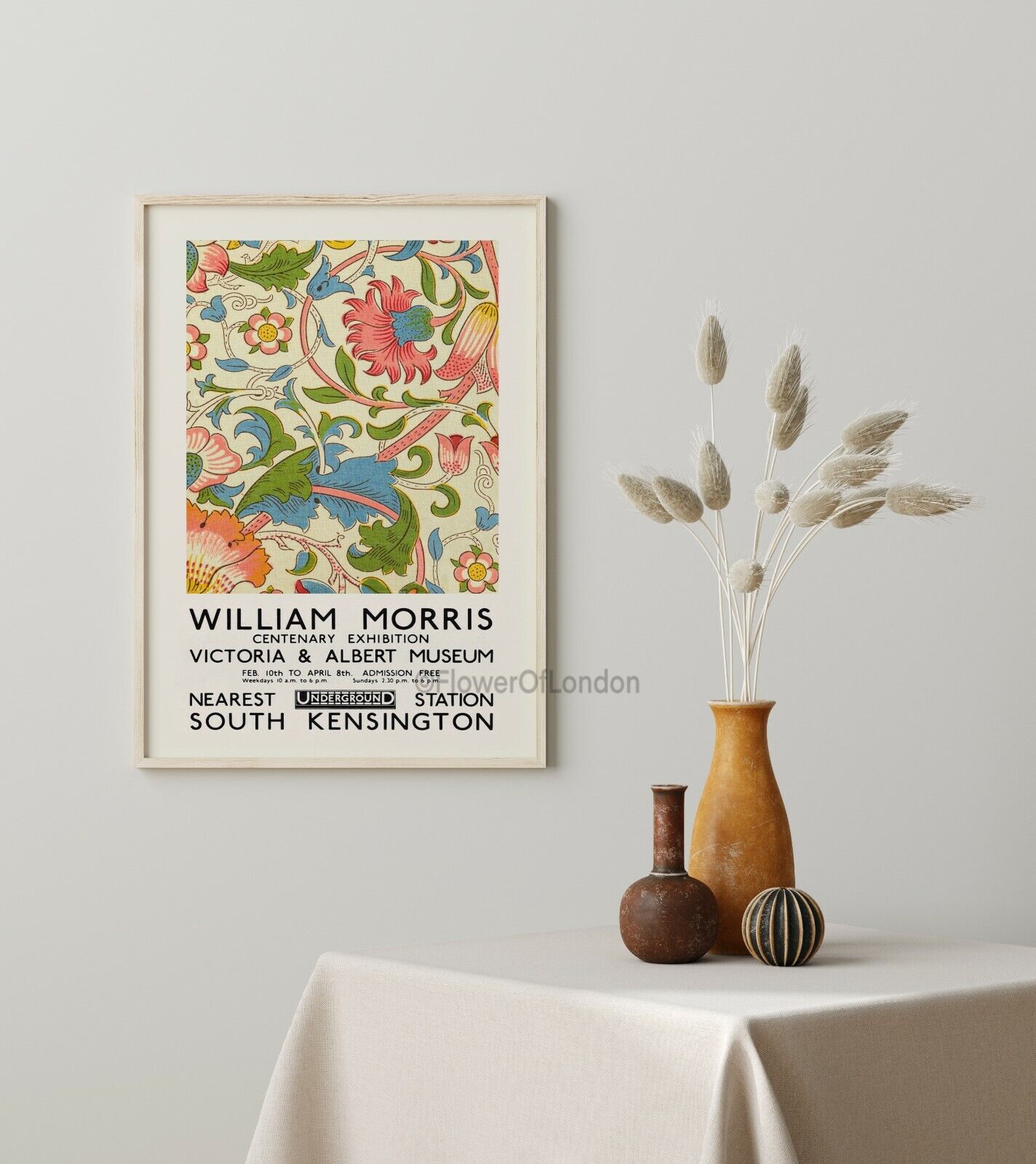 William Morris Print Exhibition Poster Lodden Textile Wallpaper Pink Bright 