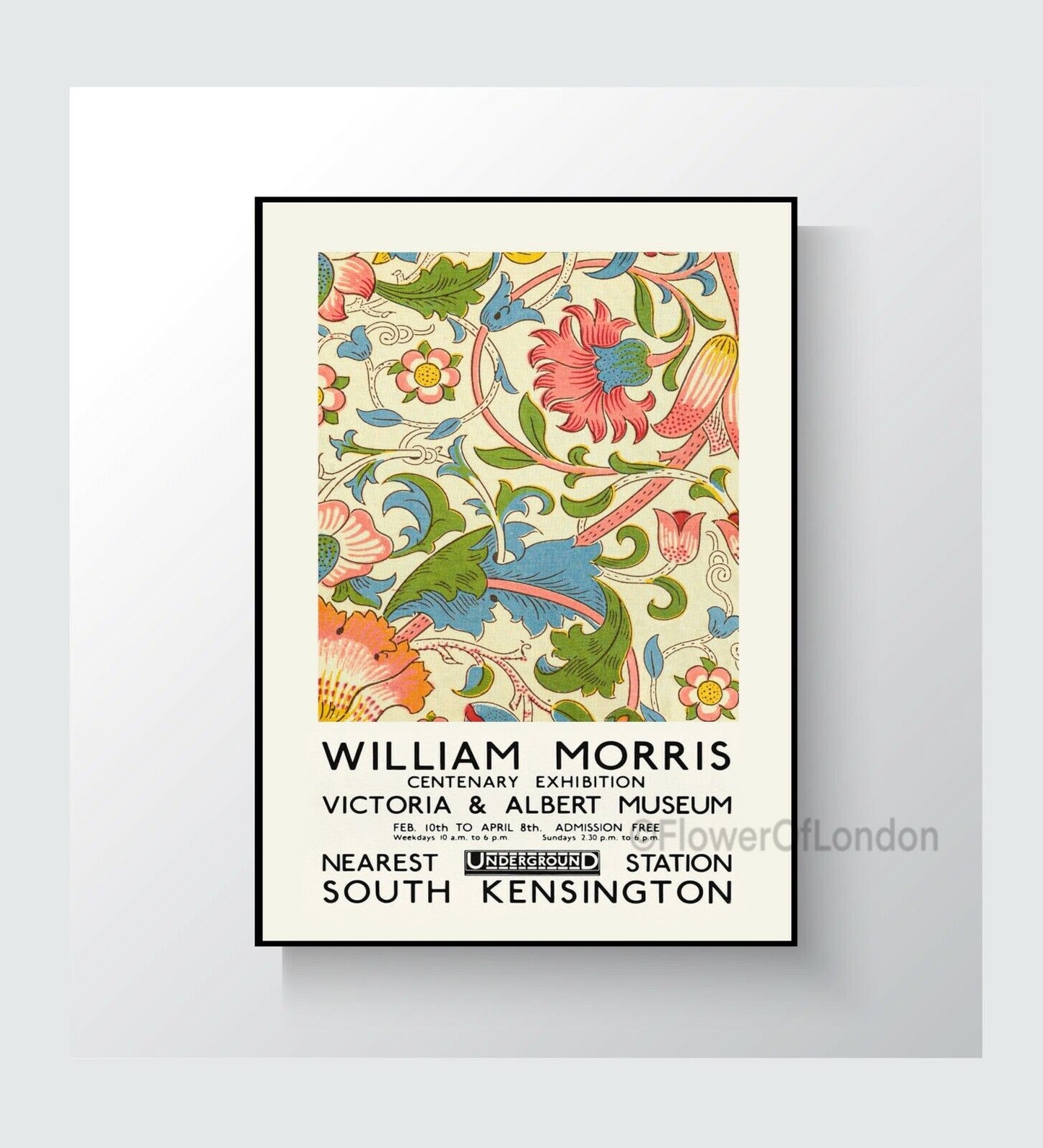 William Morris Print Exhibition Poster Lodden Textile Wallpaper Pink Bright 