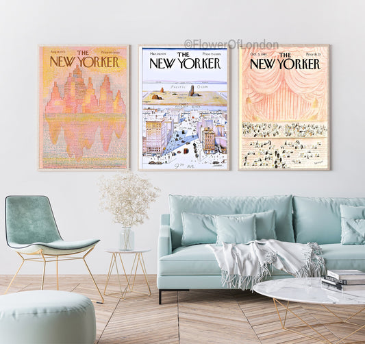 New Yorker Magazine Set of 3 Cover Print, New Yorker Vintage Retro Poster in Pink Pastel Colours