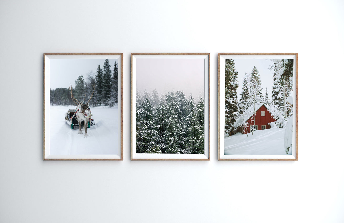 Set of 3 Christmas Prints, Snowy Winter Landscape Reindeer Santa Sledge & Wooden Red Log Cabin