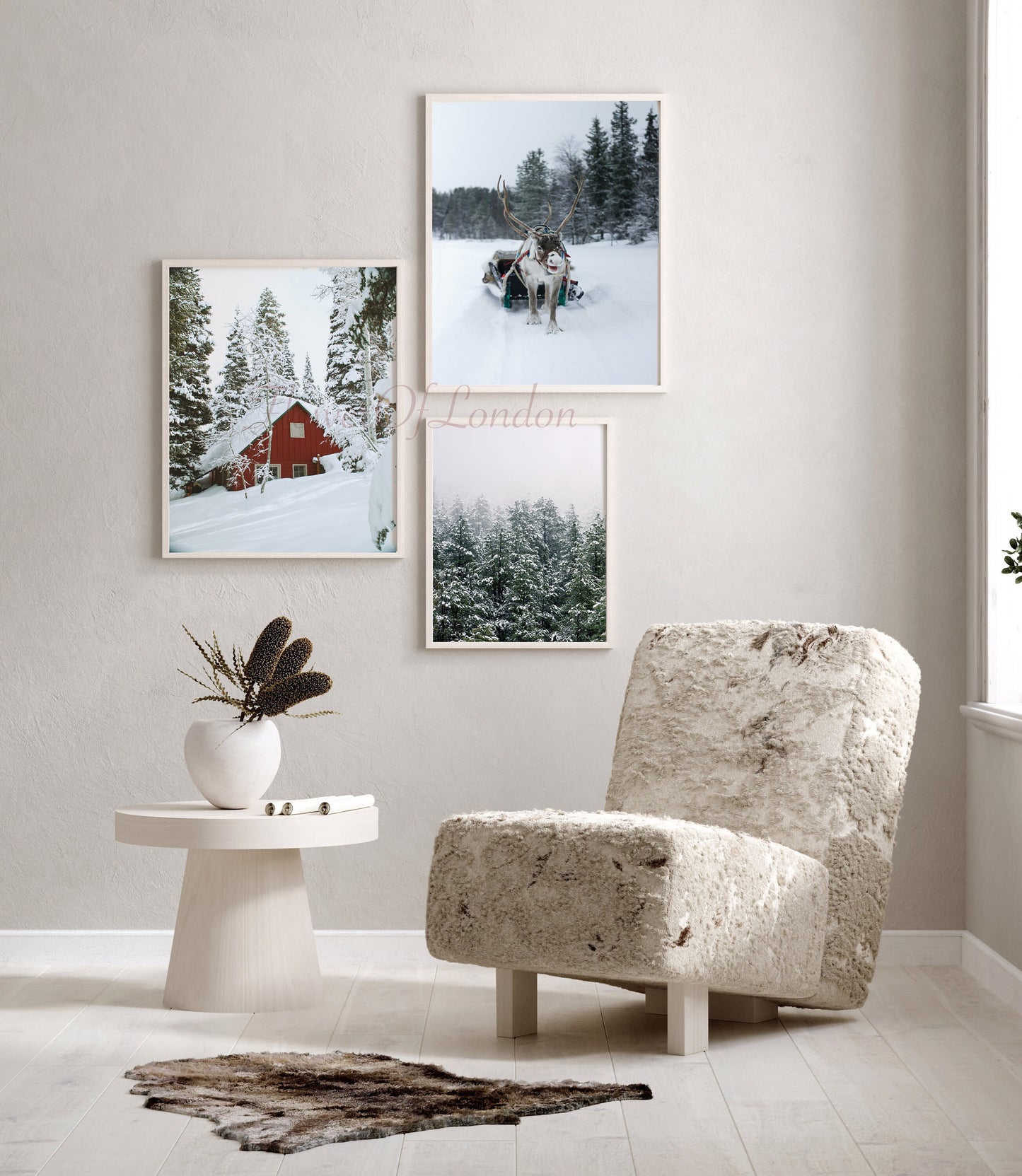 Set of 3 Christmas Prints, Snowy Winter Landscape Reindeer Santa Sledge & Wooden Red Log Cabin