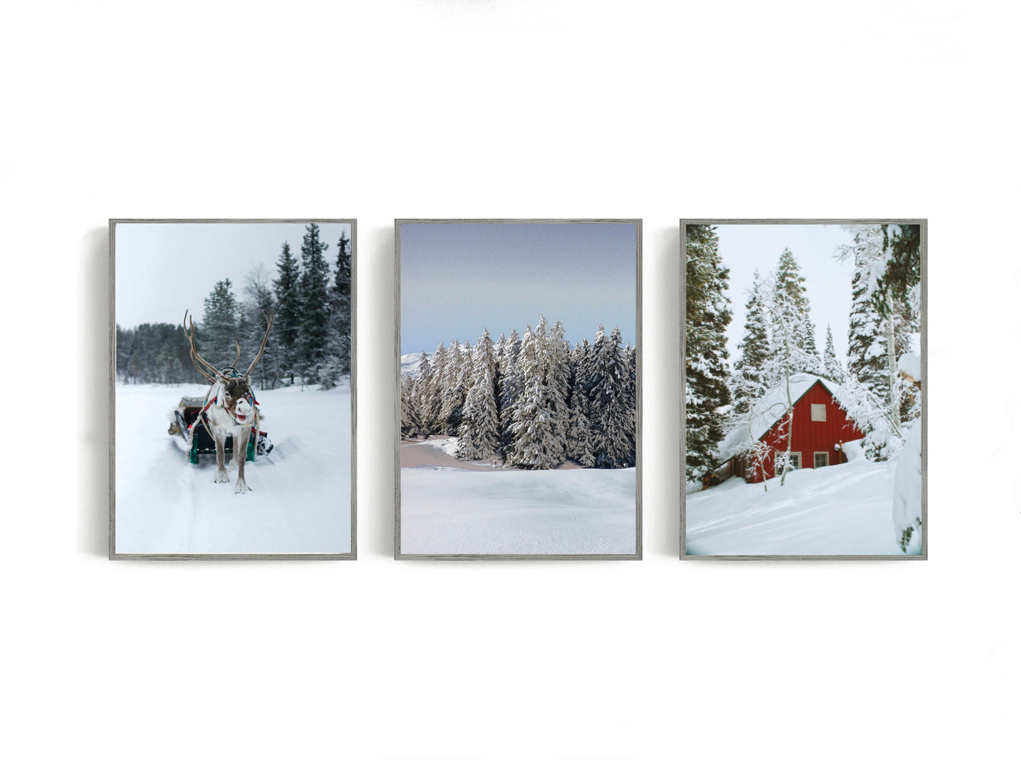 Set of 3 Christmas Prints, Snowy Winter Landscape Reindeer Santa Sledge Wooden Red Log Cabin