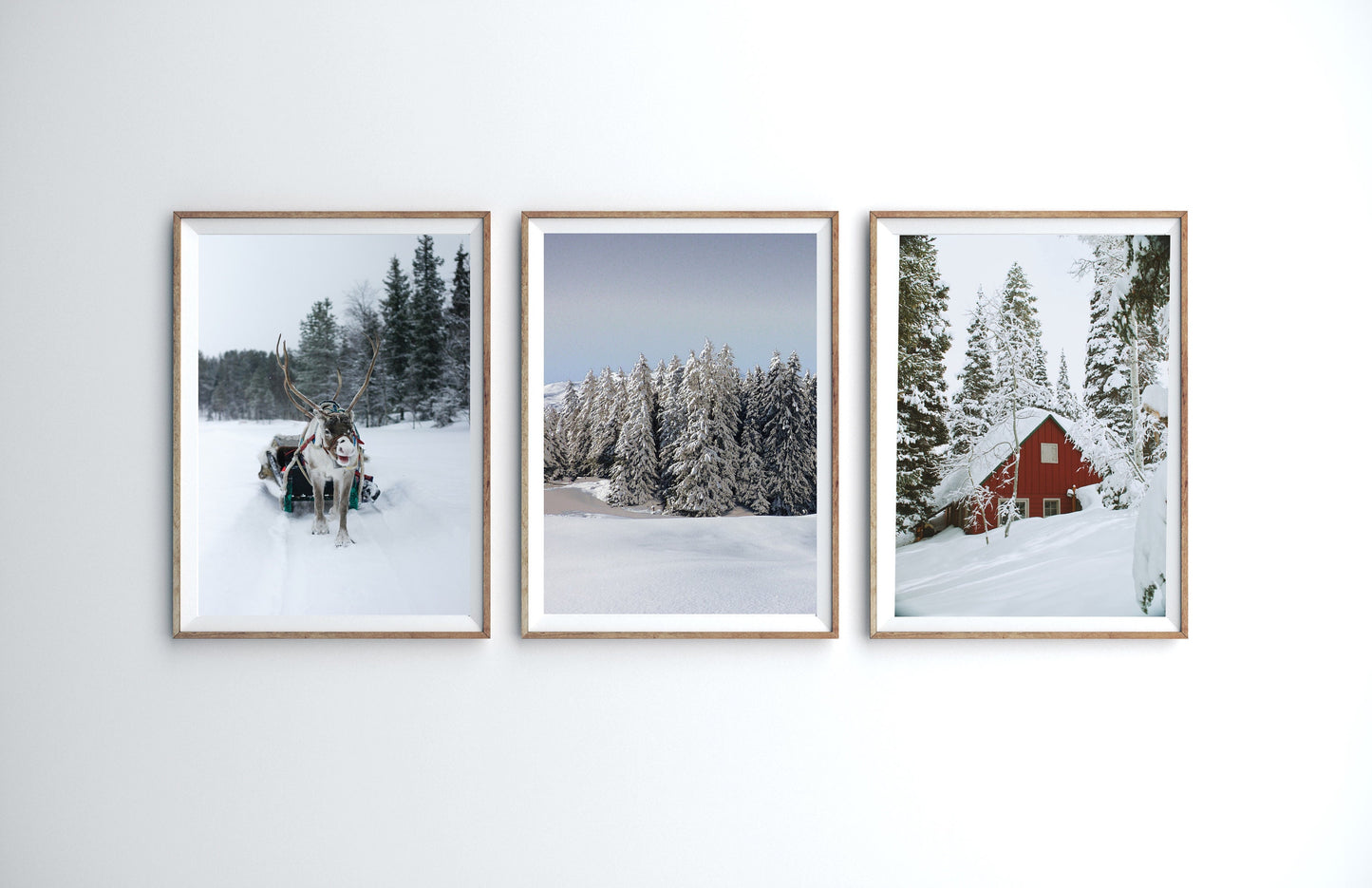 Set of 3 Christmas Prints, Snowy Winter Landscape Reindeer Santa Sledge Wooden Red Log Cabin