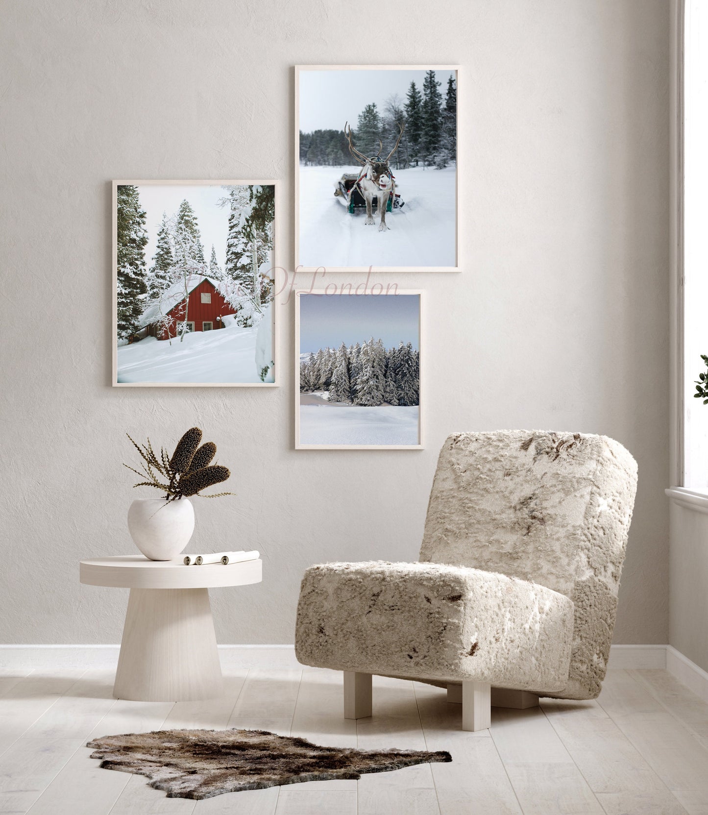 Set of 3 Christmas Prints, Snowy Winter Landscape Reindeer Santa Sledge Wooden Red Log Cabin