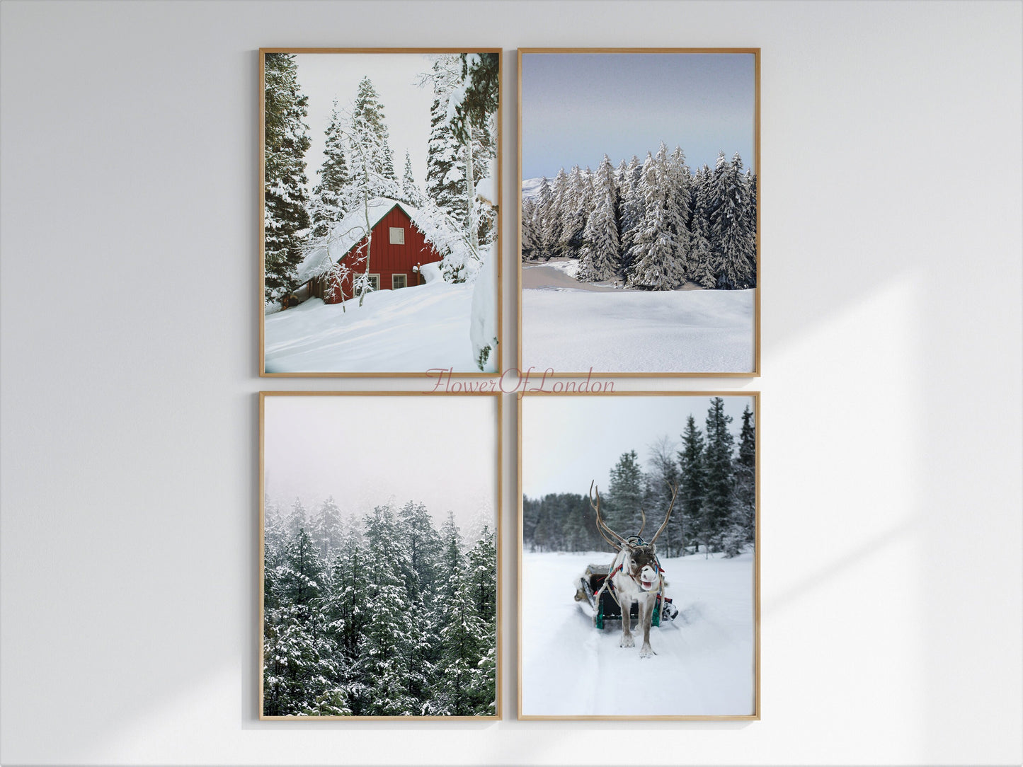 Set of 4 Christmas Prints, Snowy Forest Trees, Reindeer Santa Sledge & Wooden Log Red Cabin in the Snow