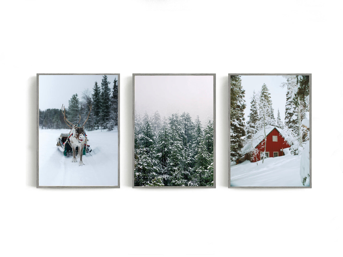 Set of 3 Christmas Prints, Snowy Winter Landscape Reindeer Santa Sledge & Wooden Red Log Cabin