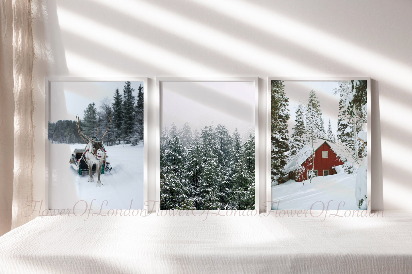 Set of 3 Christmas Prints, Snowy Winter Landscape Reindeer Santa Sledge & Wooden Red Log Cabin