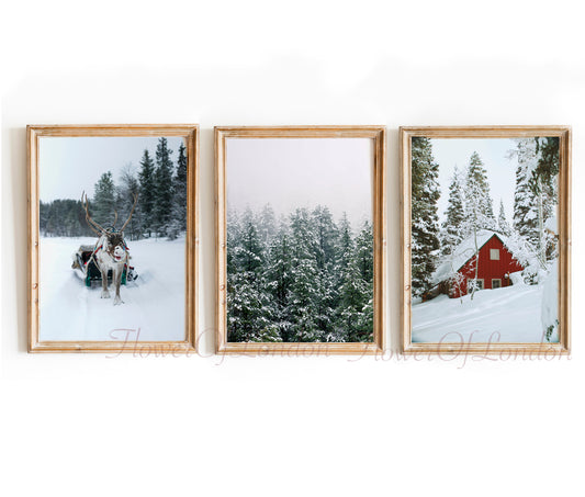 Set of 3 Christmas Prints, Snowy Winter Landscape Reindeer Santa Sledge & Wooden Red Log Cabin