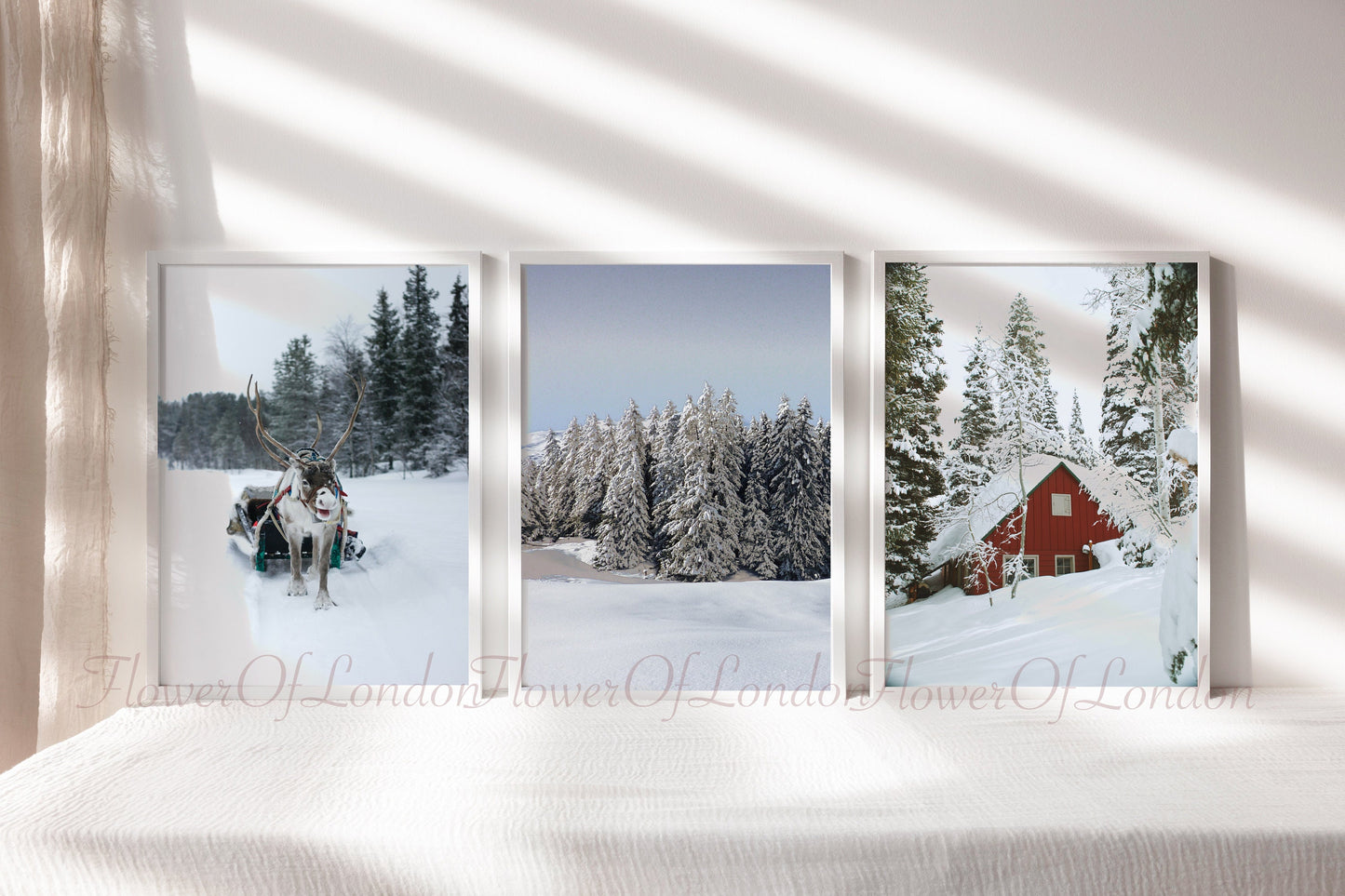 Set of 3 Christmas Prints, Snowy Winter Landscape Reindeer Santa Sledge Wooden Red Log Cabin