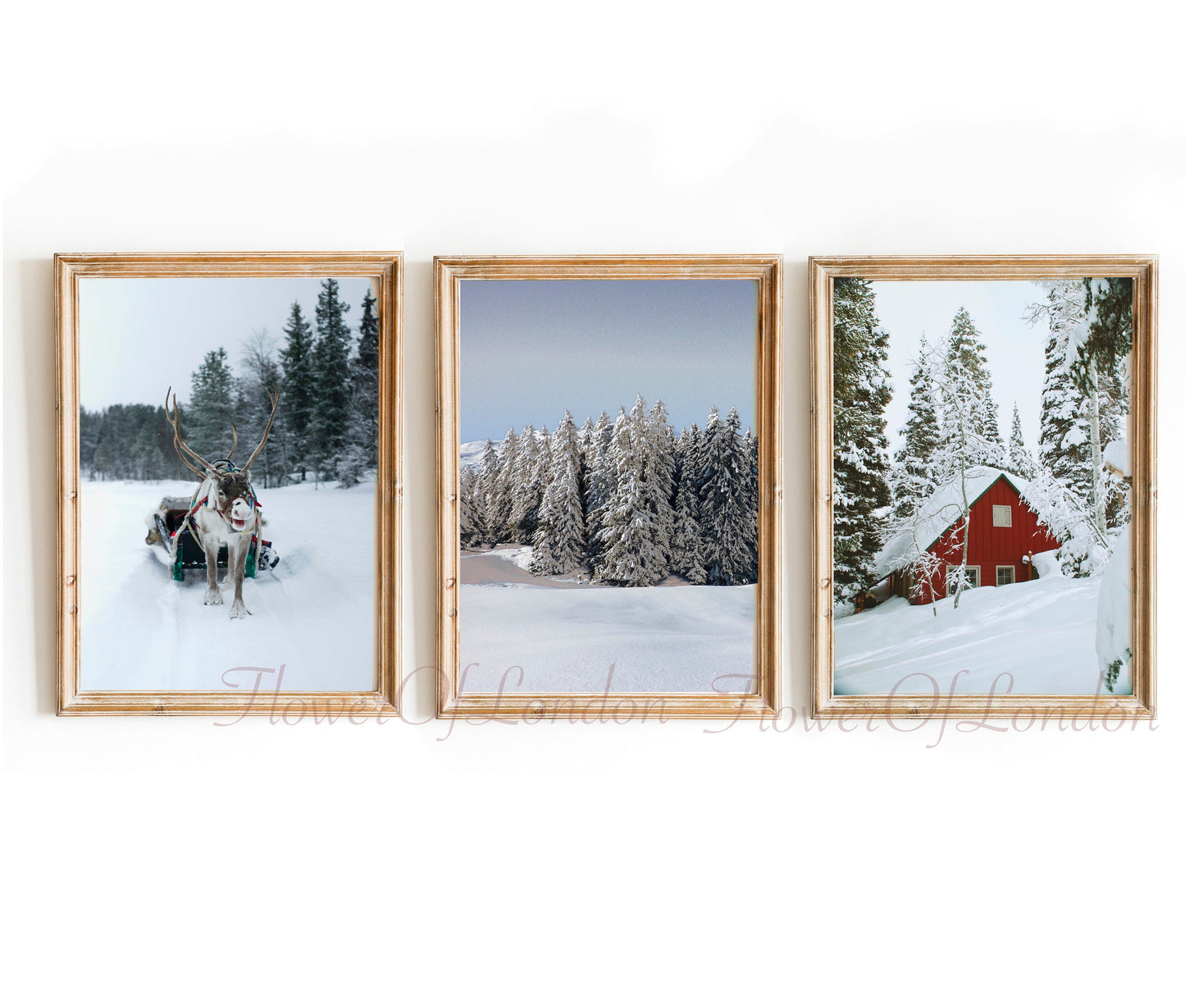 Set of 3 Christmas Prints, Snowy Winter Landscape Reindeer Santa Sledge Wooden Red Log Cabin