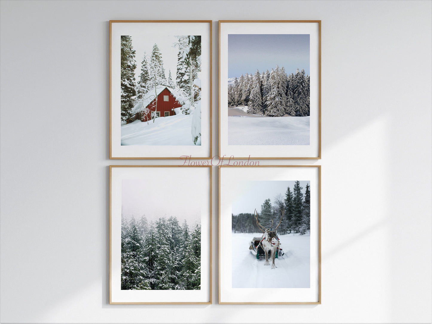 Set of 4 Christmas Prints, Snowy Forest Trees, Reindeer Santa Sledge & Wooden Log Red Cabin in the Snow