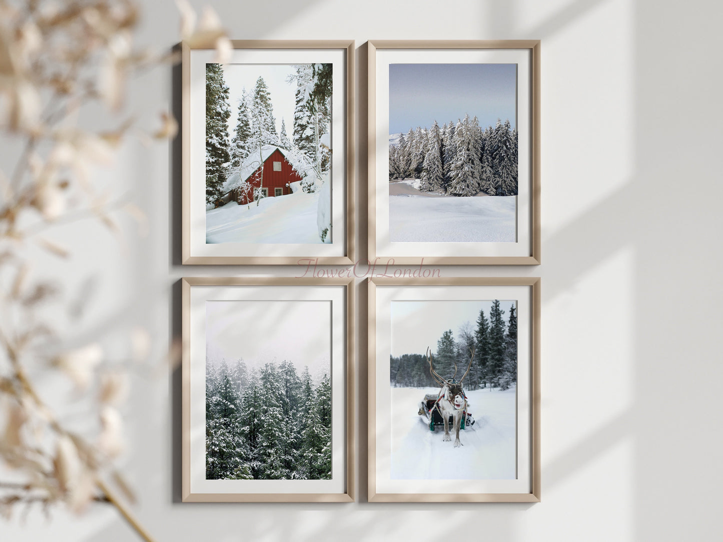 Set of 4 Christmas Prints, Snowy Forest Trees, Reindeer Santa Sledge & Wooden Log Red Cabin in the Snow