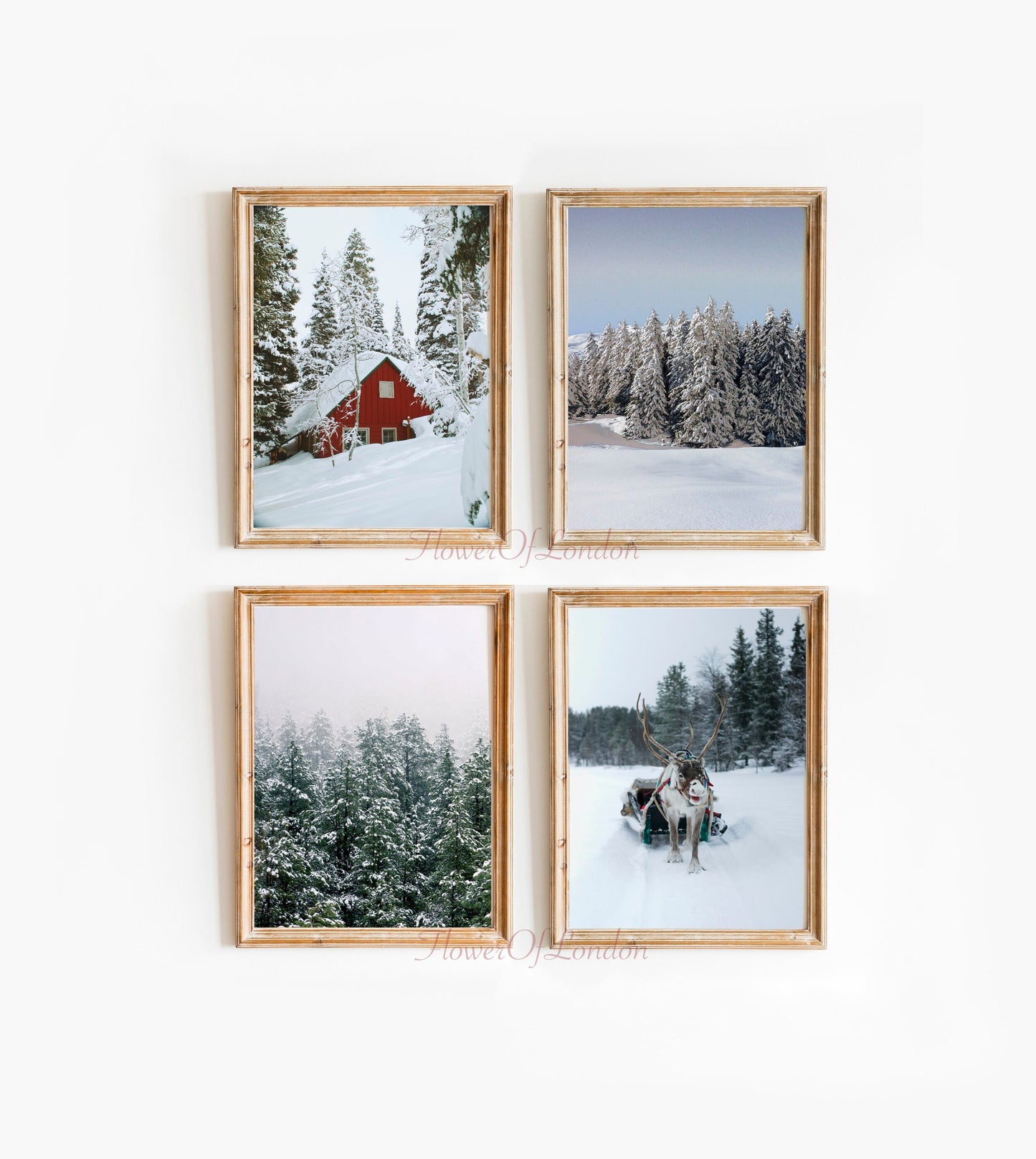 Set of 4 Christmas Prints, Snowy Forest Trees, Reindeer Santa Sledge & Wooden Log Red Cabin in the Snow