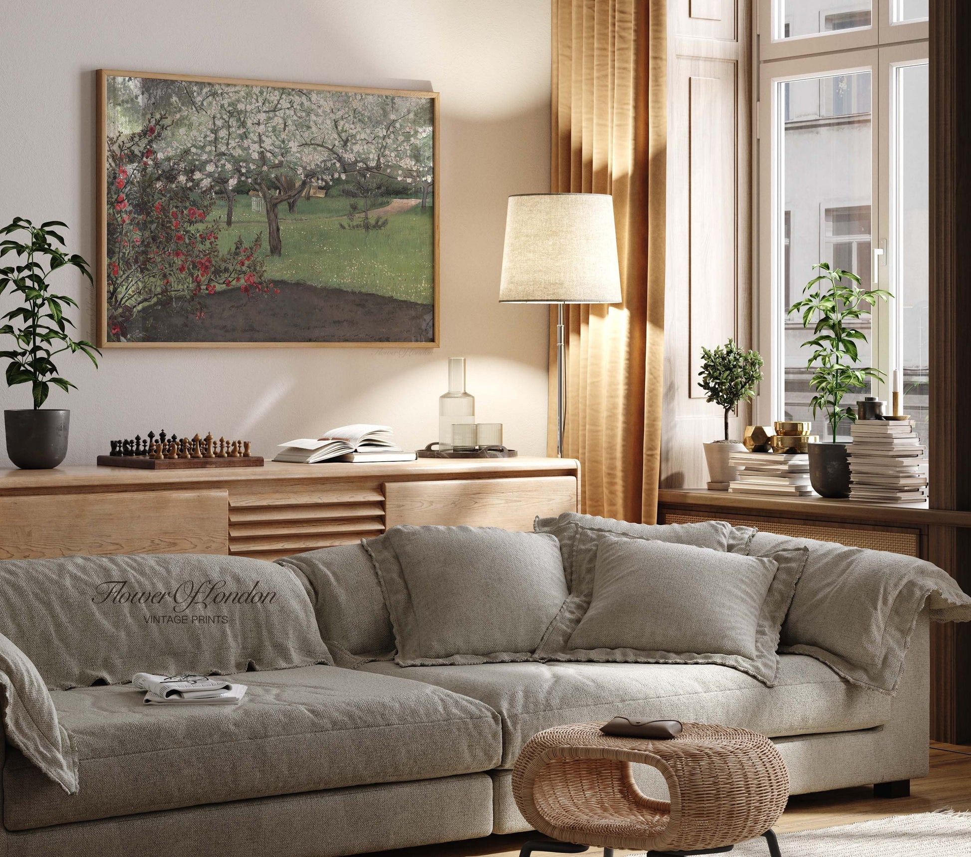 a living room filled with furniture and a painting on the wall