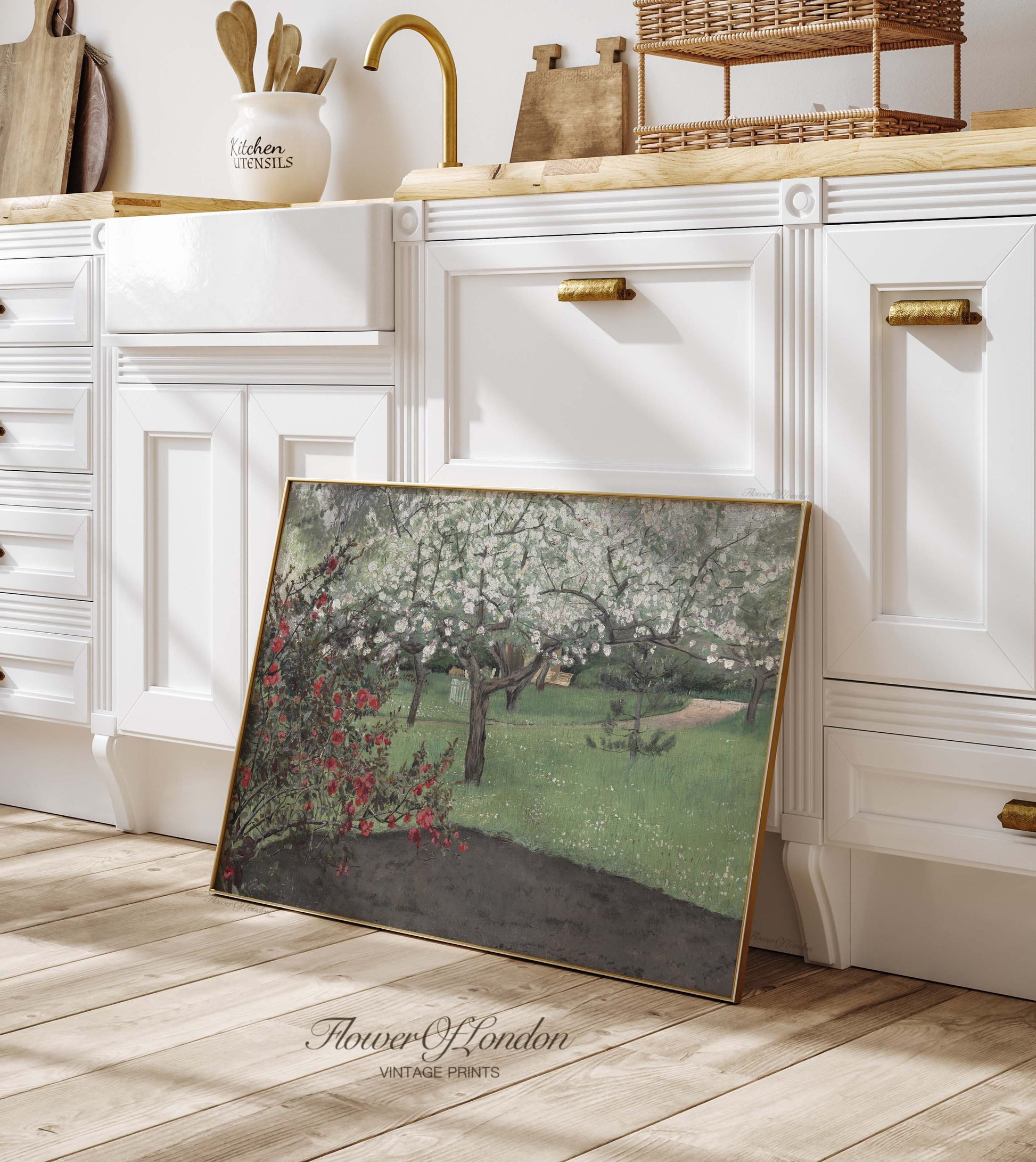 a painting of an apple tree in a kitchen