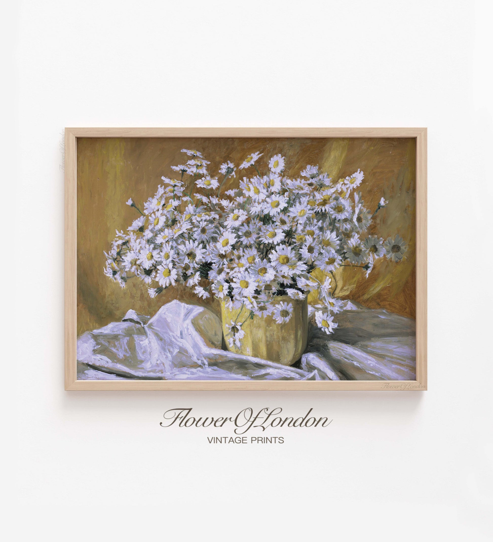 a painting of a vase of daisies on a table