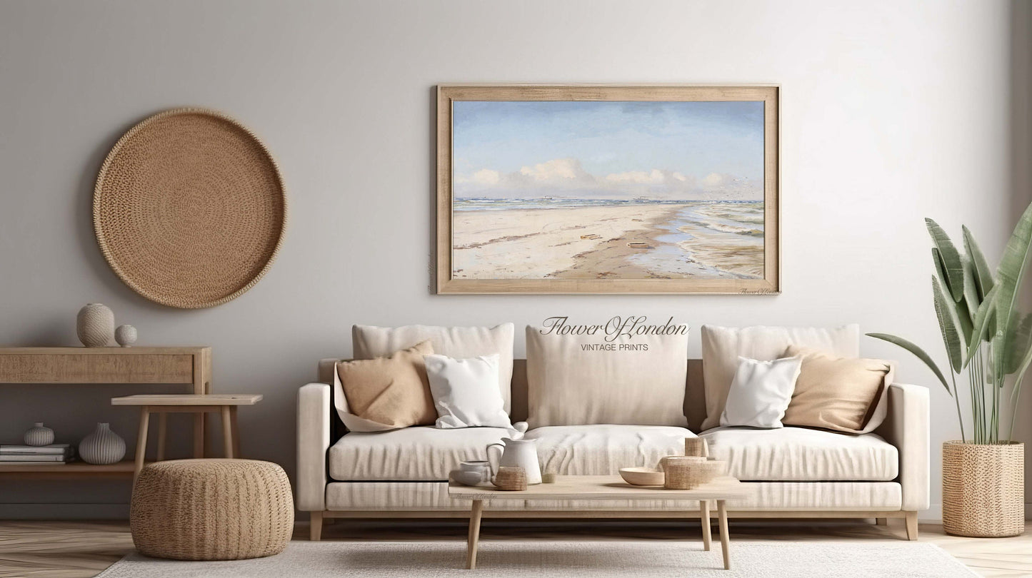 Vintage Coastal Print,  Neutral Pastel Rustic Beach Oil Painting, #46