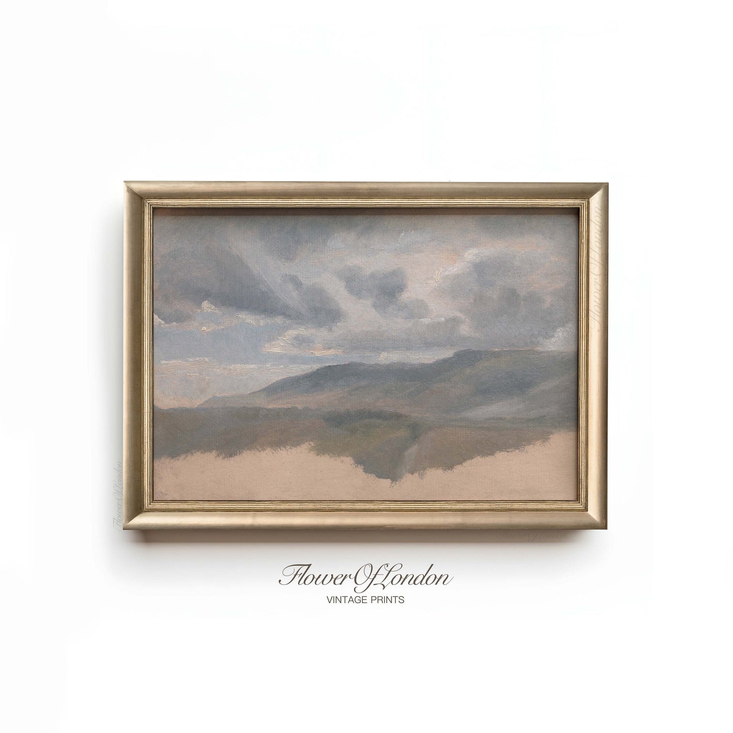 Vintage Clouds Print, Hilly Mountains Landscape, Moody Dark Clouds, #43