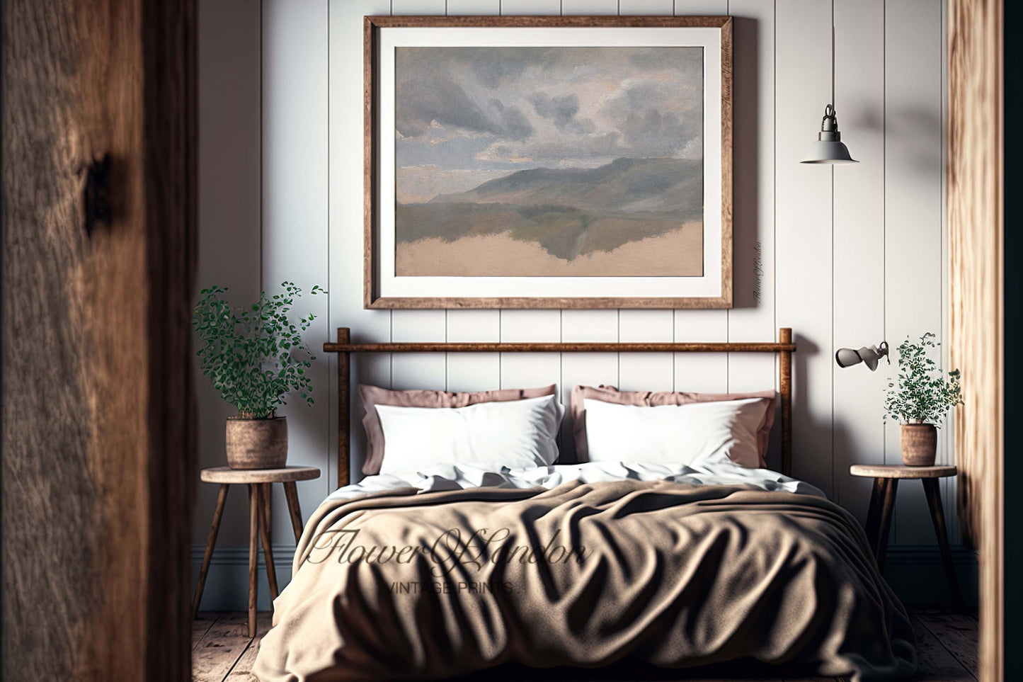 a bedroom with a bed and a painting on the wall